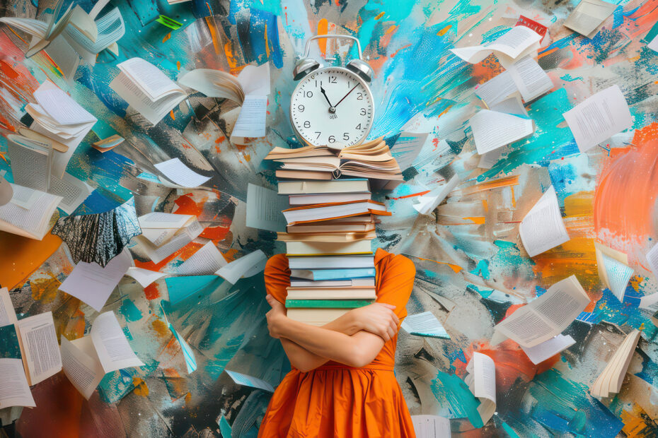 A woman stands with a stack of books over her head, surrounded by flying pages and an alarm clock. The image symbolizes the pressure of deadlines and the overwhelming nature of knowledge.