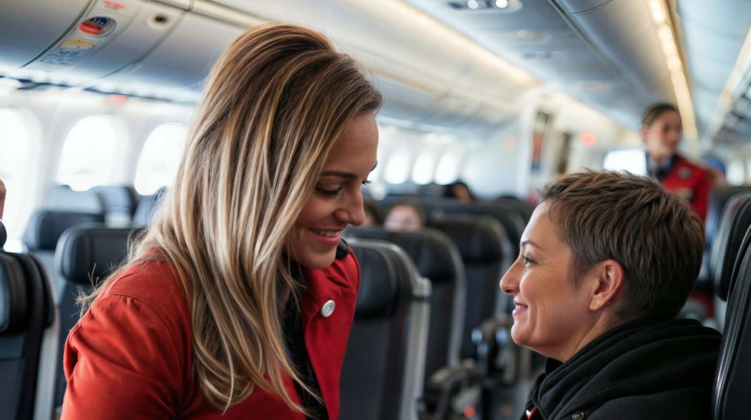 flight attendant assisting a passenger in a wheelchair inside th