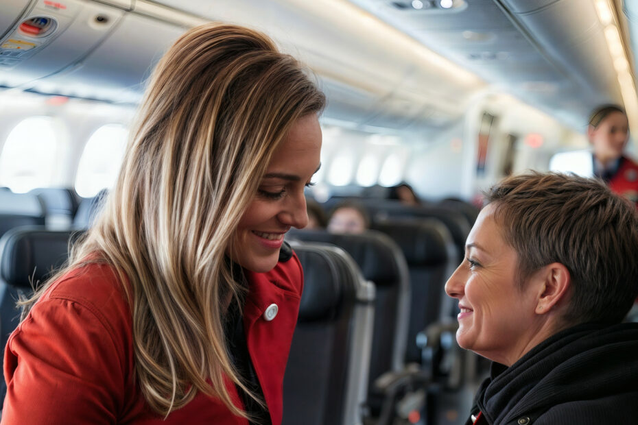 flight attendant assisting a passenger in a wheelchair inside th